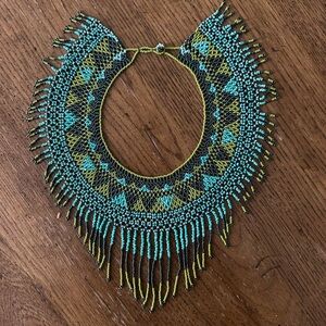 Handcrafted Mexican Beaded Necklace - Turquoise and Gold